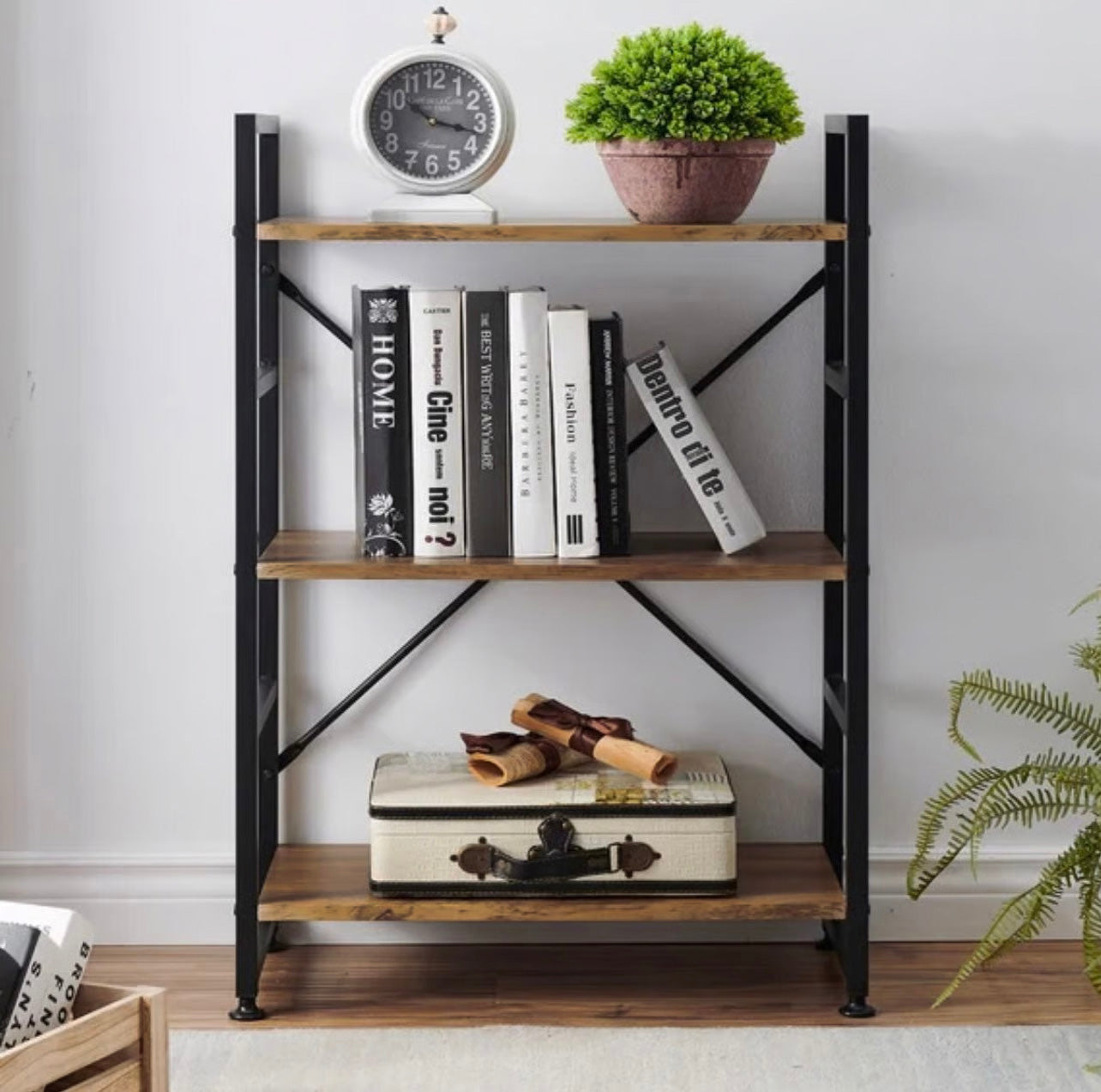 3 Tier Multifunction Heavy Duty Bookcase Rustic Wood & Steel Storage Shelf Organizer