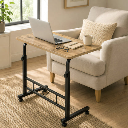 Adjustable Portable Rustic Oak Sofa Bed Side Table Laptop Desk with Wheels