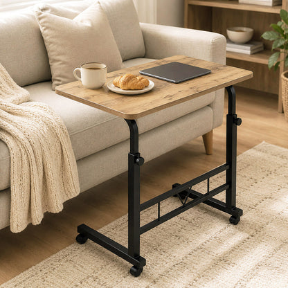 Adjustable Portable Rustic Oak Sofa Bed Side Table Laptop Desk with Wheels