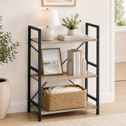 Multifunction Bookcase 3 Tier Wood Steel Storage Shelf Organizer (Coastal Oak)