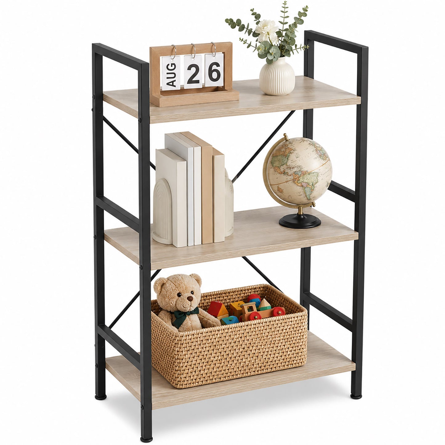 Multifunction Bookcase 3 Tier Wood Steel Storage Shelf Organizer (Coastal Oak)