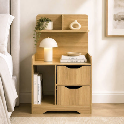 Harmony Tall Bed Side Table with Chest of Drawers and Shelf (Oak)