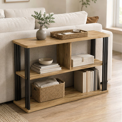 Icon Wood and Steel Sofa Side Table with Shelves (Rustic Oak)