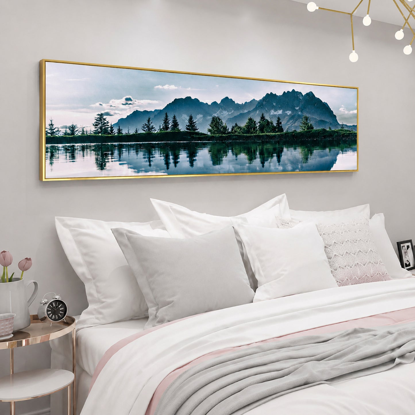Mountain Lake Landscape Painting Long Canvas Framed Wall Art - 100cm x 30cm