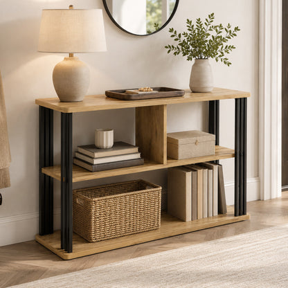 Icon Wood and Steel Sofa Side Table with Shelves (Rustic Oak)