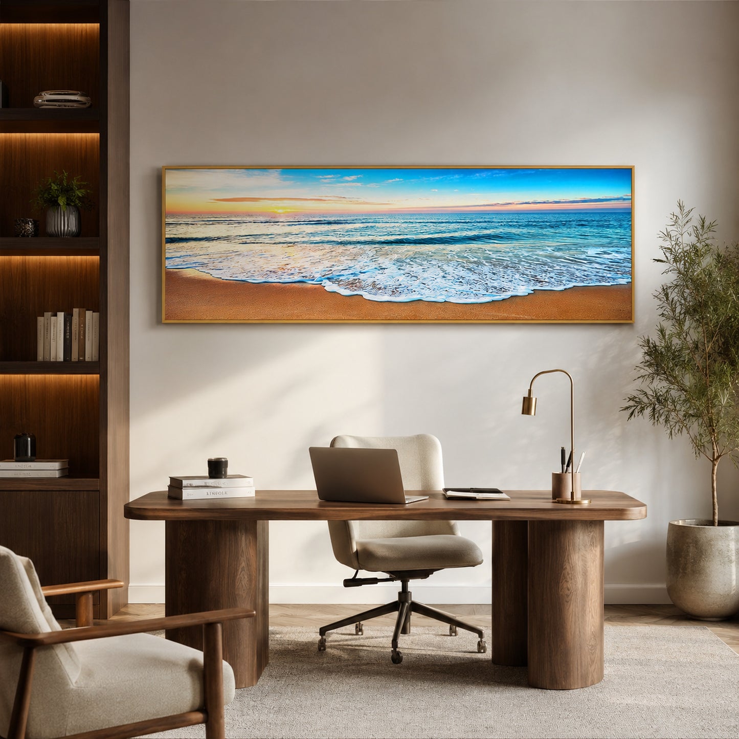 Beach Painting Framed Long Canvas Wall Art - 100cm x 30cm