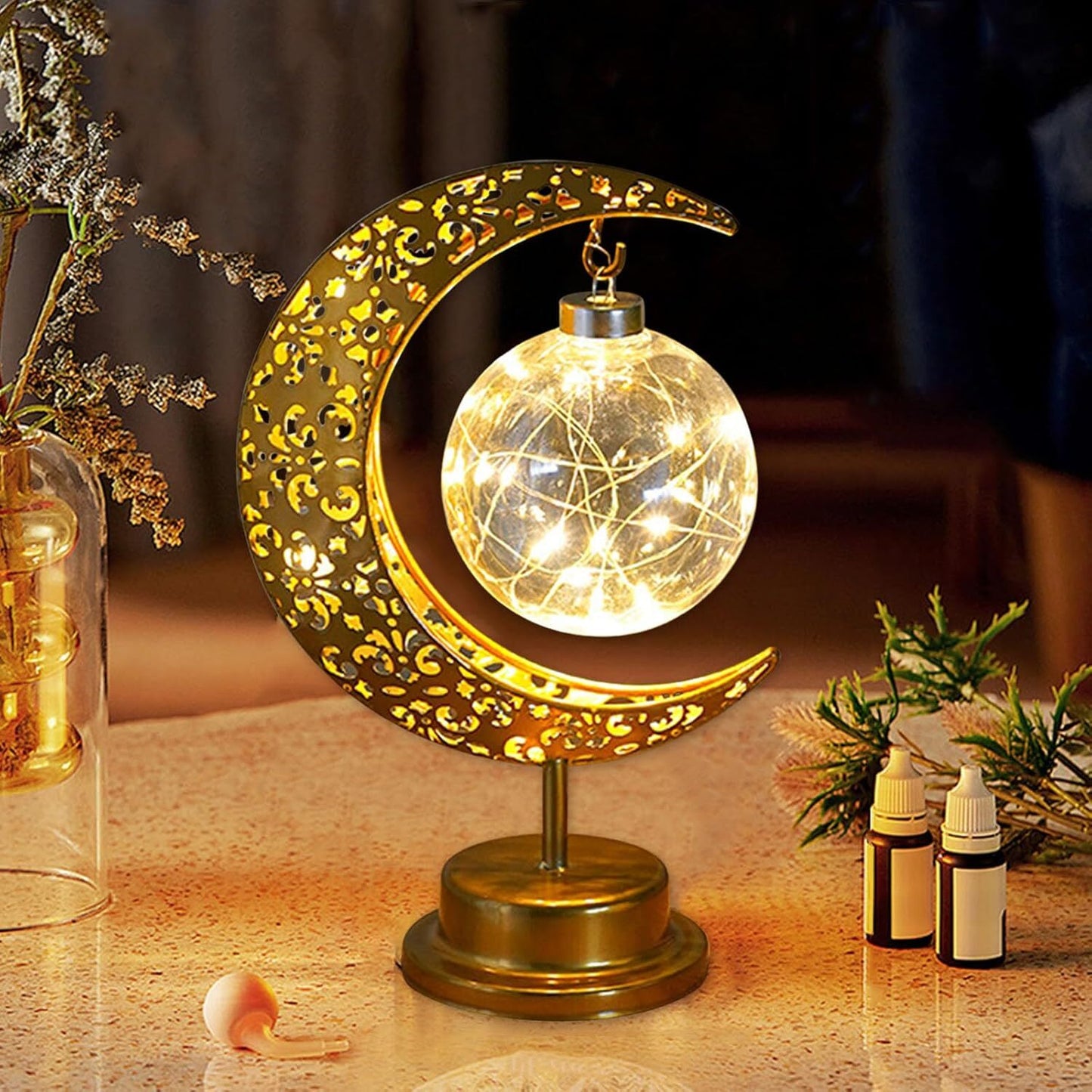 Golden Crescent Moon Globe Decorative LED Table Lamp Night Light