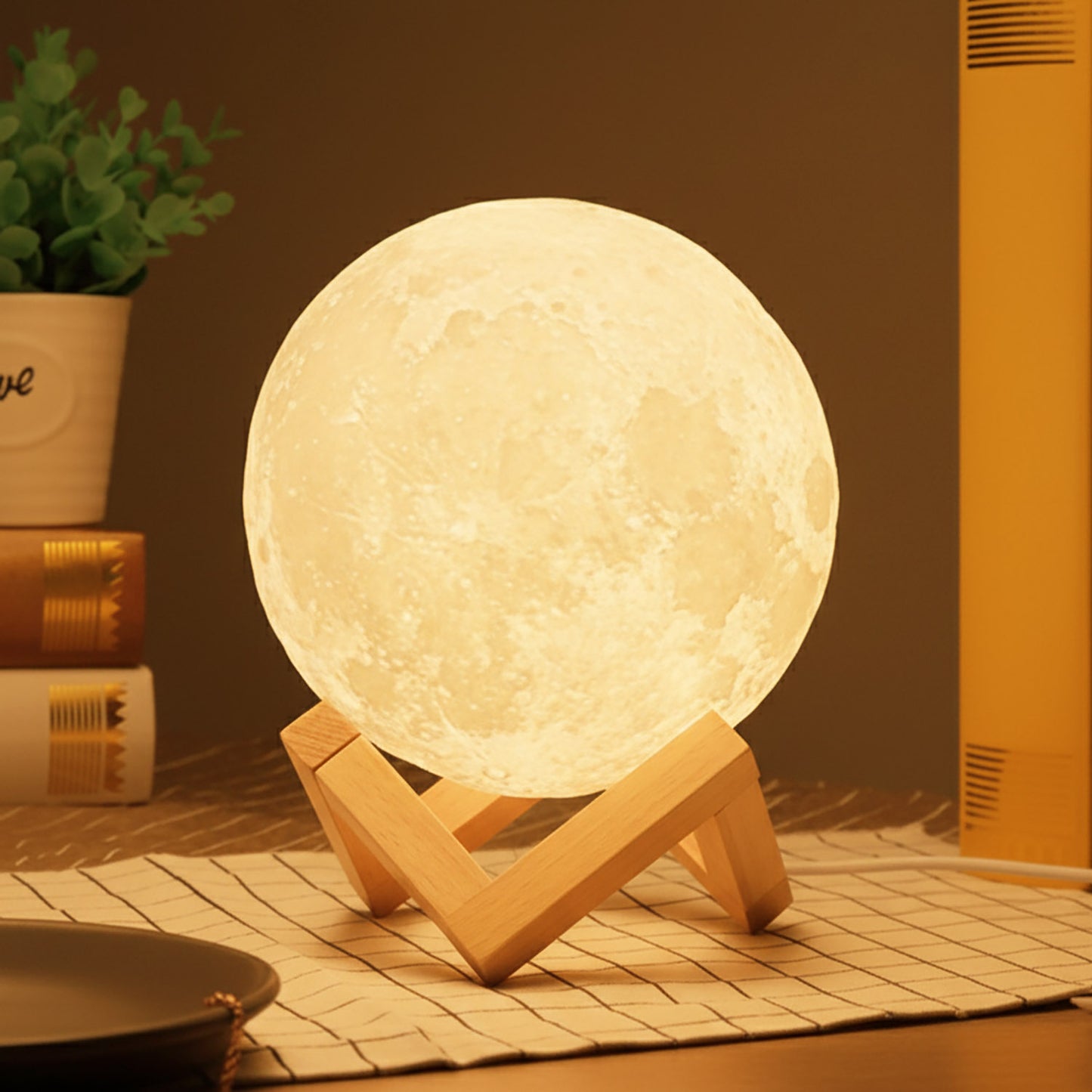 3D Moon Lunar Lamp Touch Sensor LED Night Light with Wooden Base
