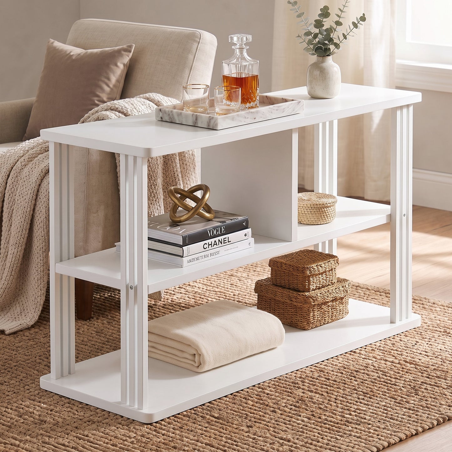 Icon Wood and Steel Sofa Side Table with Shelves (White)