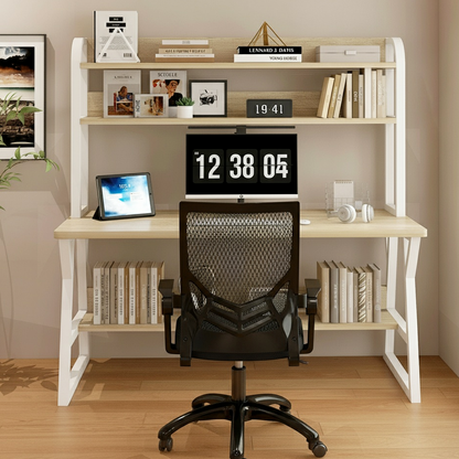 Aspire Large Industrial Office Computer Desk Workstation with Bookshelf (White Oak)