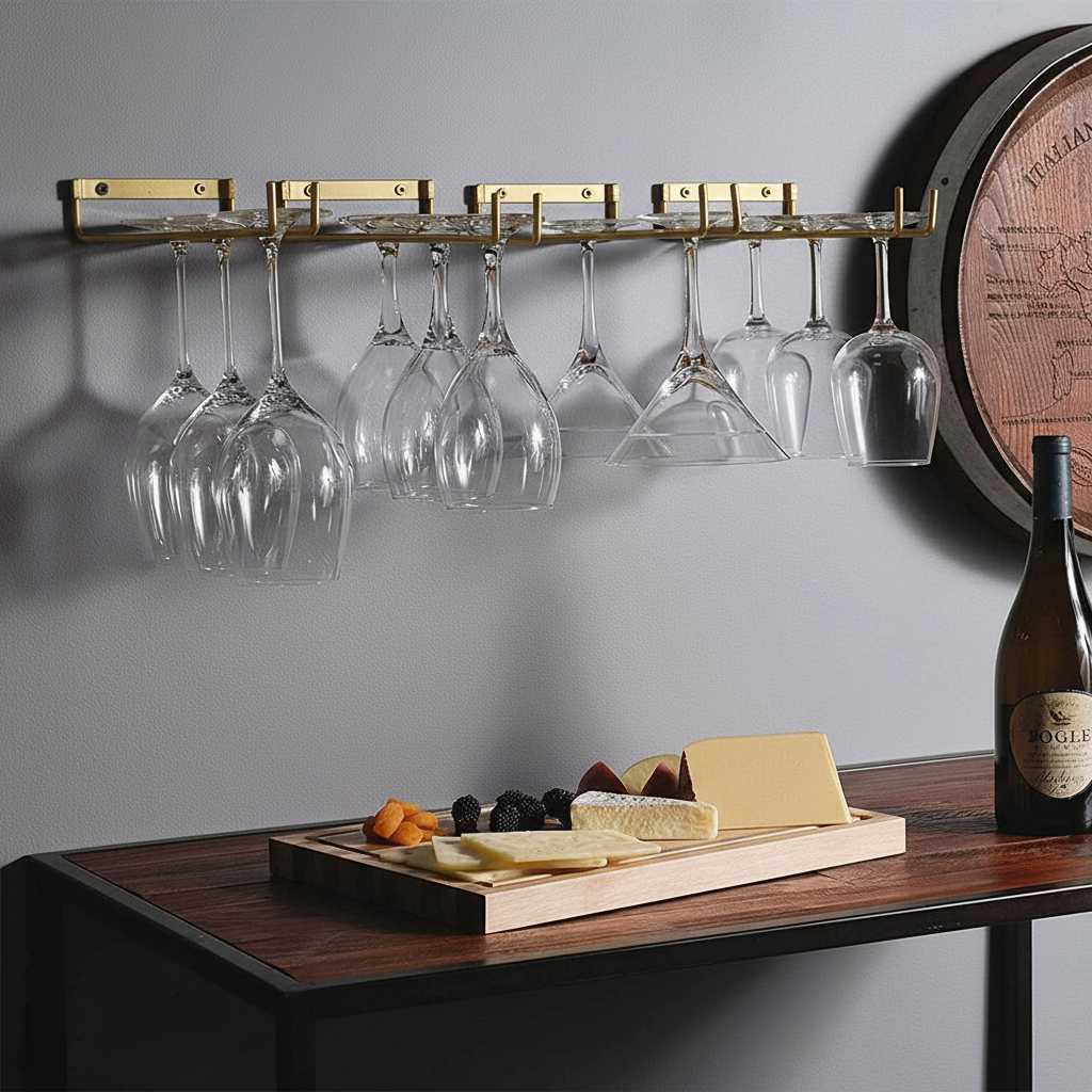 2 x Wine Glass Hanger Rack Under Cabinet Kitchen Bar Stemware Metal Storage Organizer (Gold)
