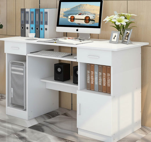Executive Office Computer Desk with Drawers, Cabinet, Shelves (White)