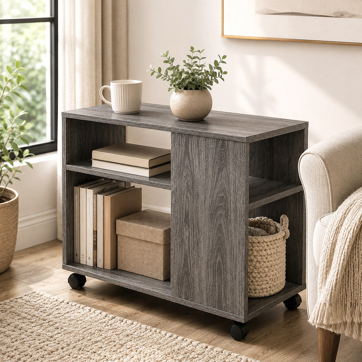 Versatile Sofa Side Table & Magazine Shelf with Casters (Driftwood)