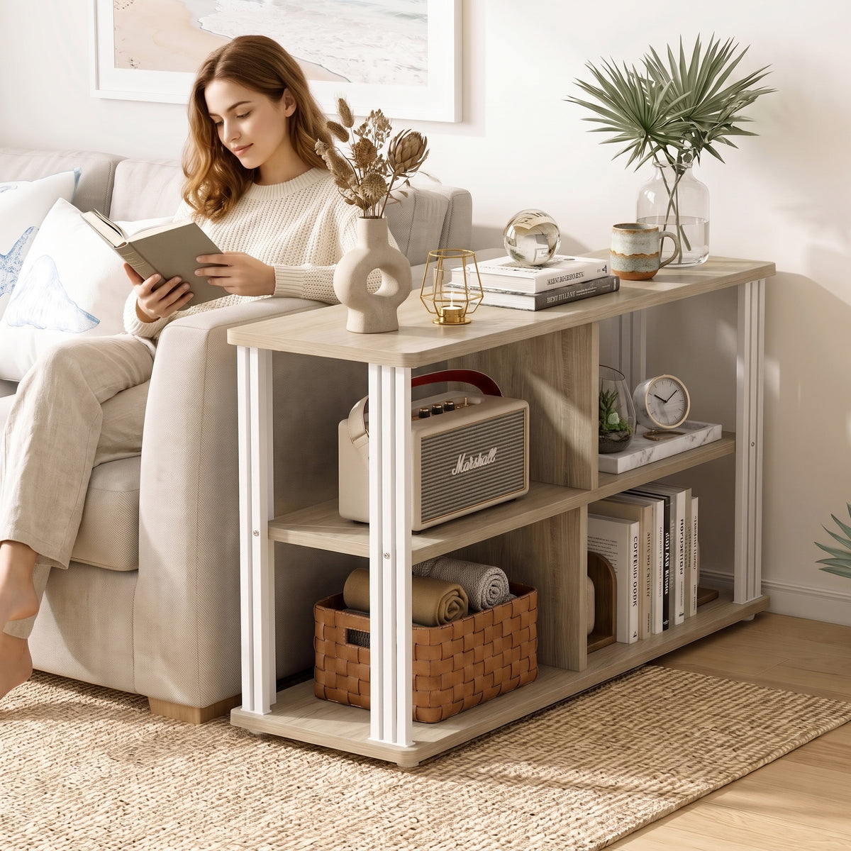 Icon Wood and Steel Sofa Side Table with Shelves (Coastal Oak)