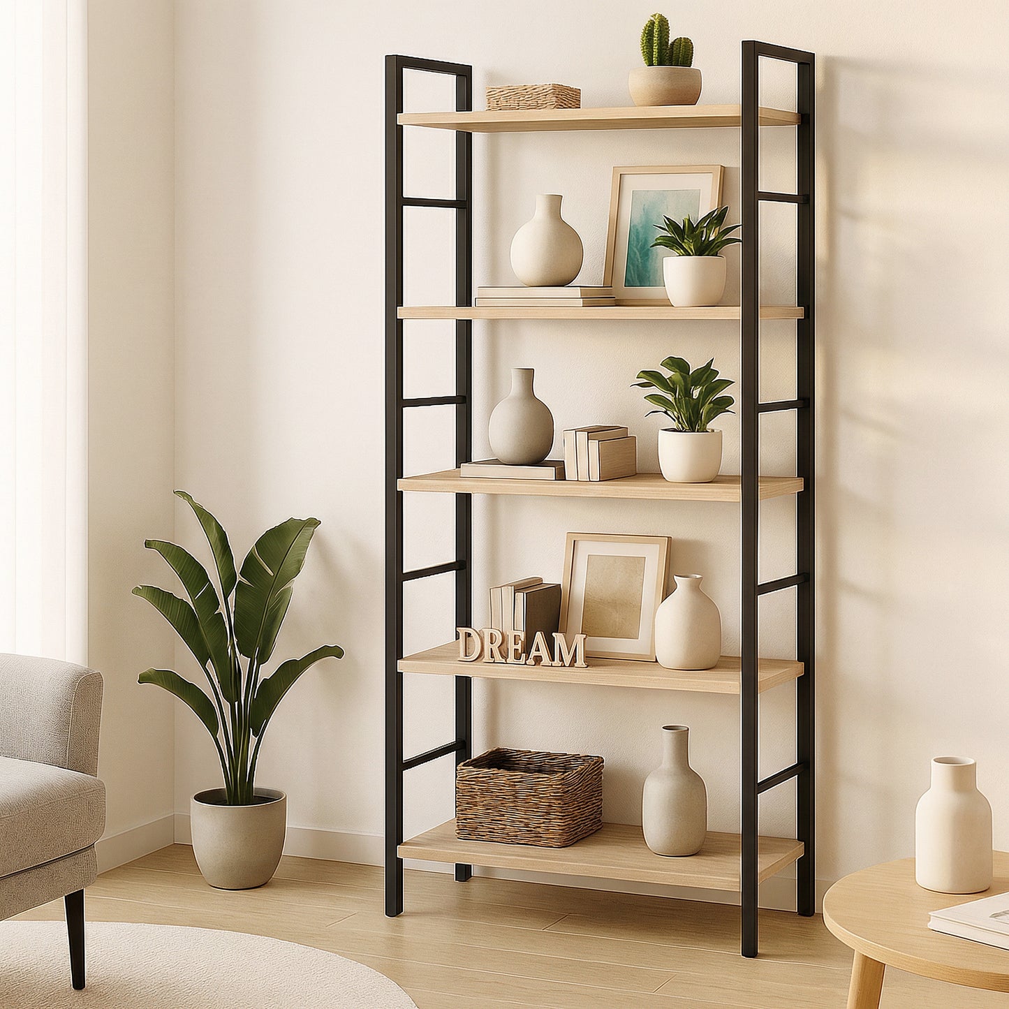 5 Tier Multifunction Heavy Duty Bookcase Wood & Steel Storage Shelf Organizer (Coastal Oak)