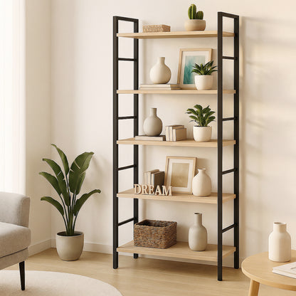 5 Tier Multifunction Heavy Duty Bookcase Wood & Steel Storage Shelf Organizer (Coastal Oak)