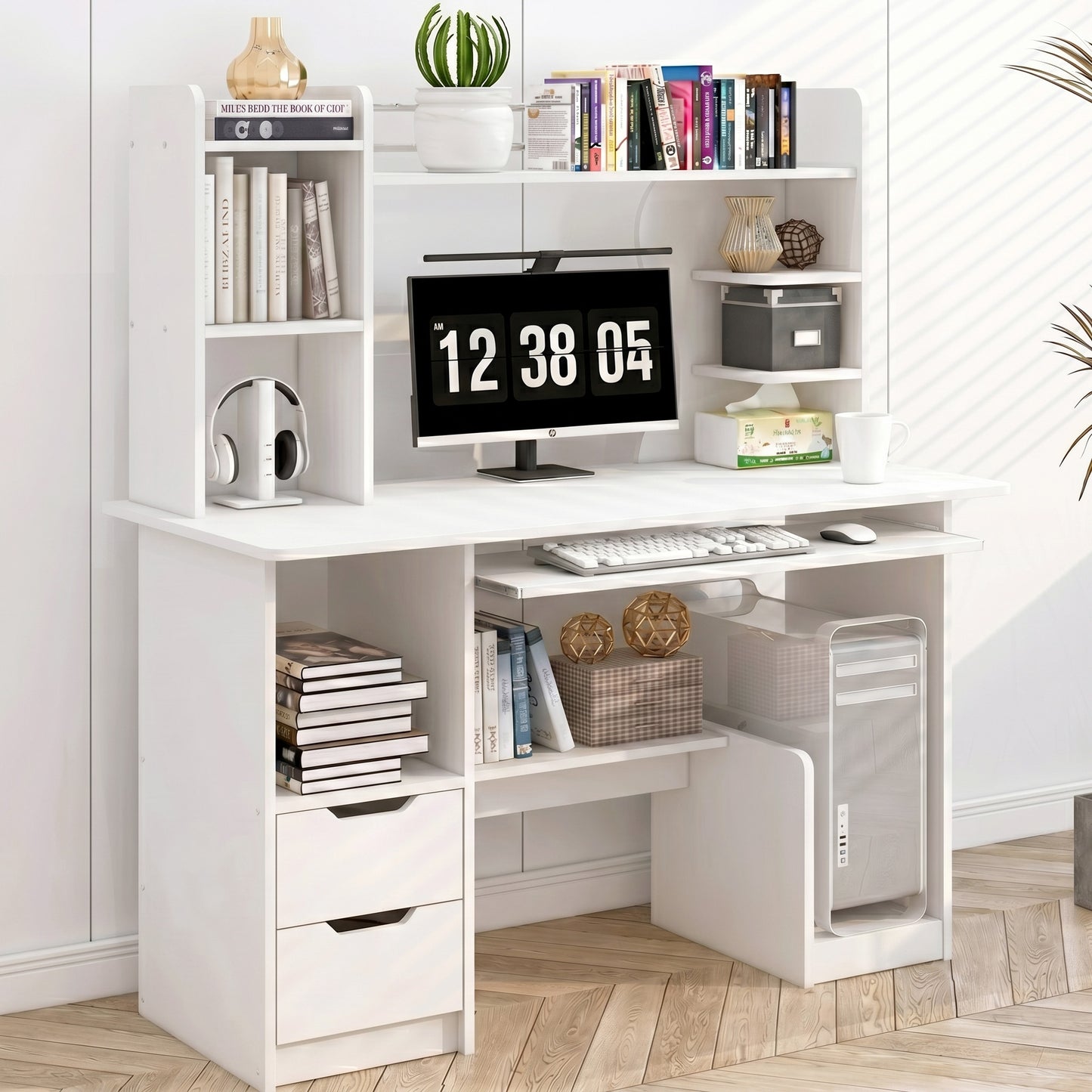 Expert Computer Desk Workstation with Shelf & Cabinet (White)