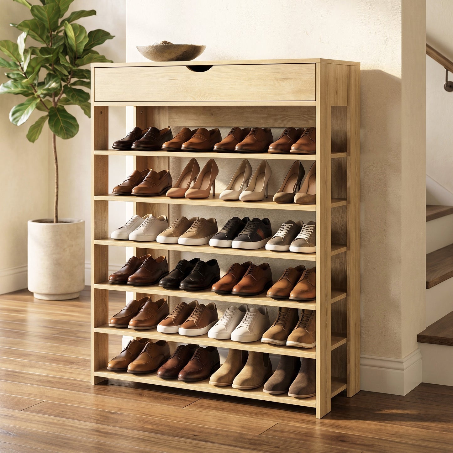 Fiesta 7 Tier Extra Spacious Wooden Shoe Rack Organizer Shelf Cabinet (Natural Oak)