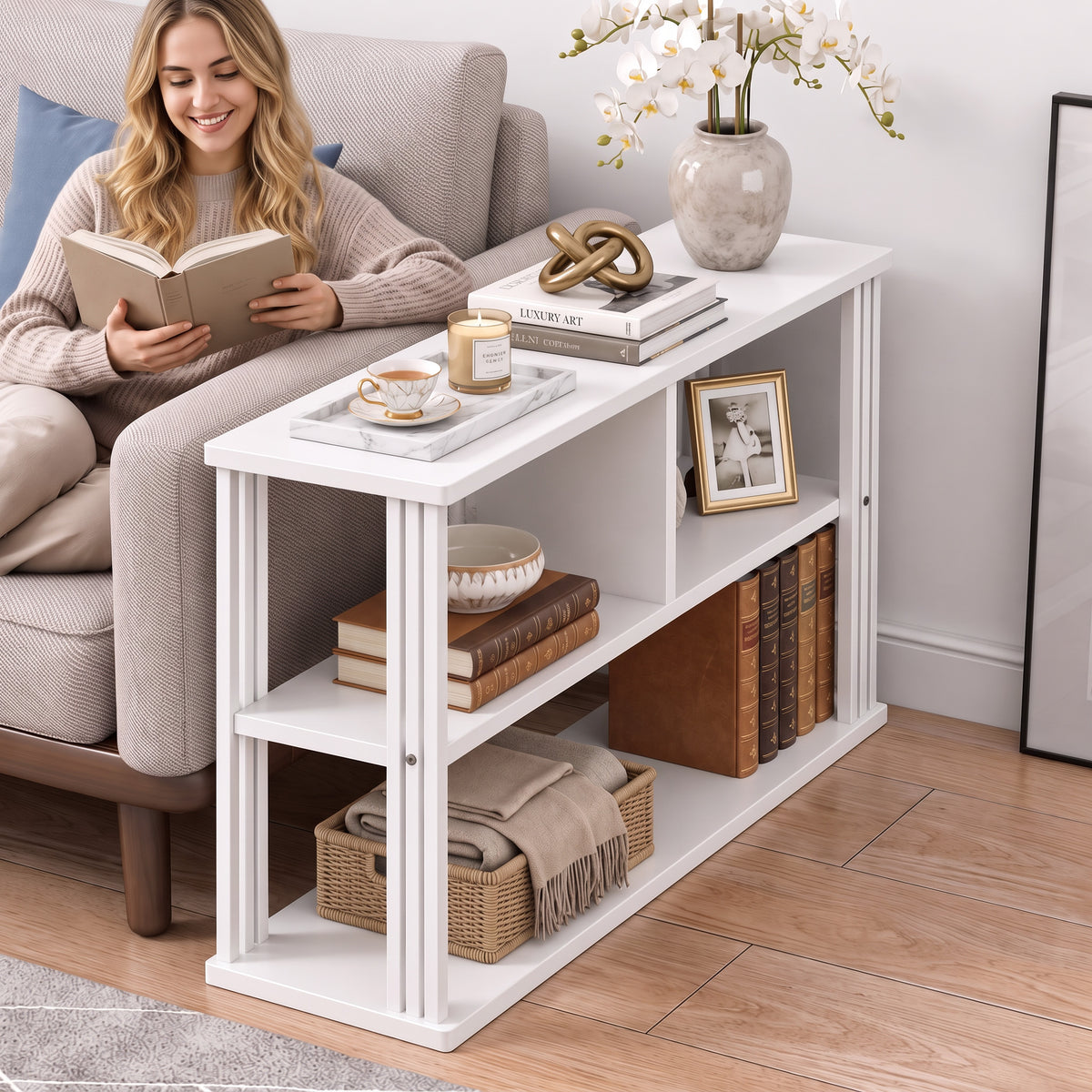 Icon Wood and Steel Sofa Side Table with Shelves (White)