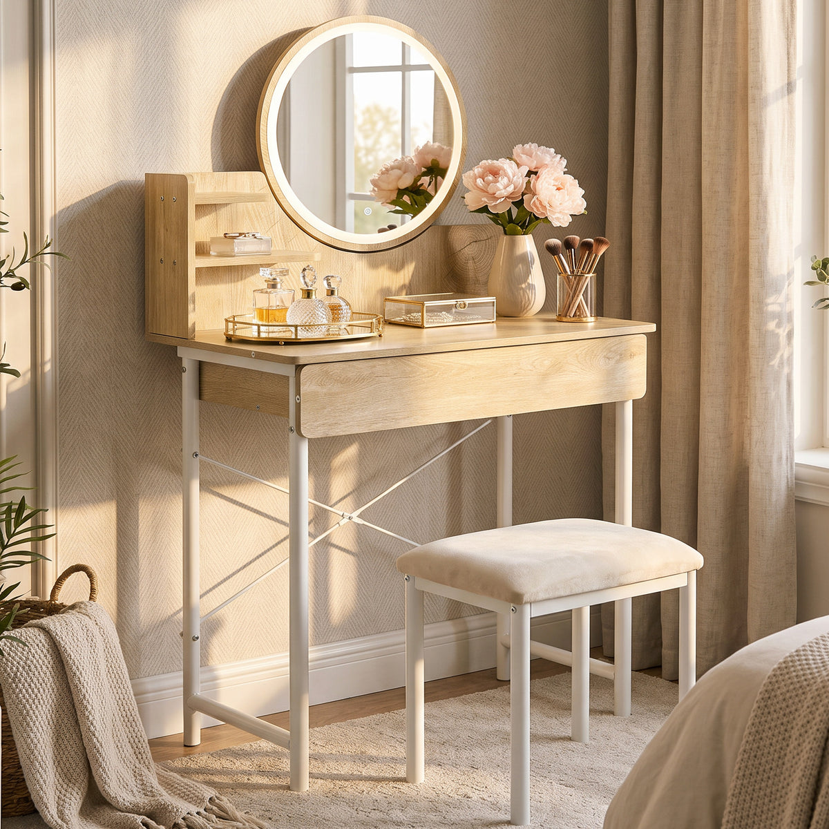 Luxe LED White Makeup Vanity Dressing Table with Mirror & Drawer (Coastal Oak)