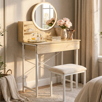 Luxe LED White Makeup Vanity Dressing Table with Mirror & Drawer (Coastal Oak)