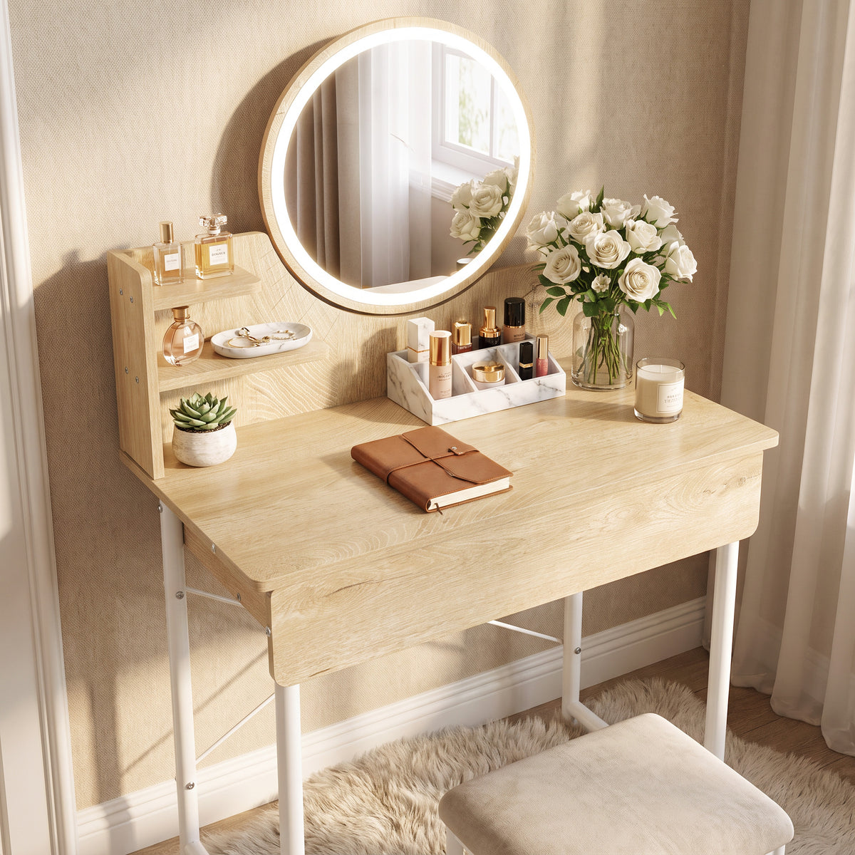 Luxe LED White Makeup Vanity Dressing Table with Mirror & Drawer (Coastal Oak)