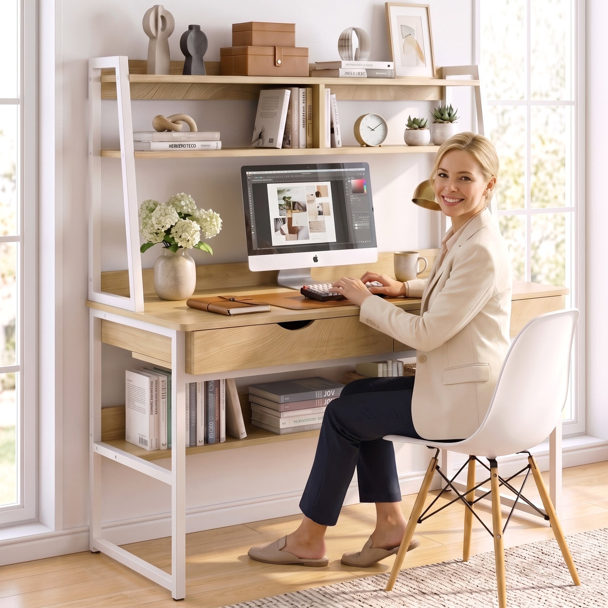 Enterprise Large Computer Desk Workstation with Shelves & Drawers (Natural Oak)