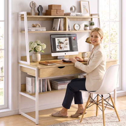 Enterprise Large Computer Desk Workstation with Shelves & Drawers (Natural Oak)