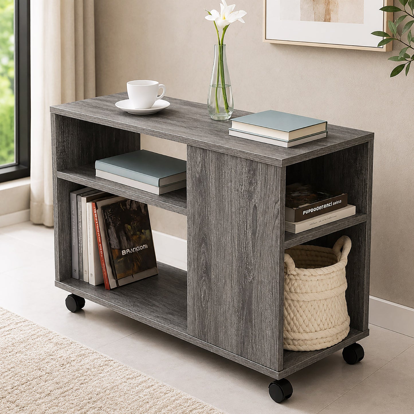 Versatile Sofa Side Table & Magazine Shelf with Casters (Driftwood)