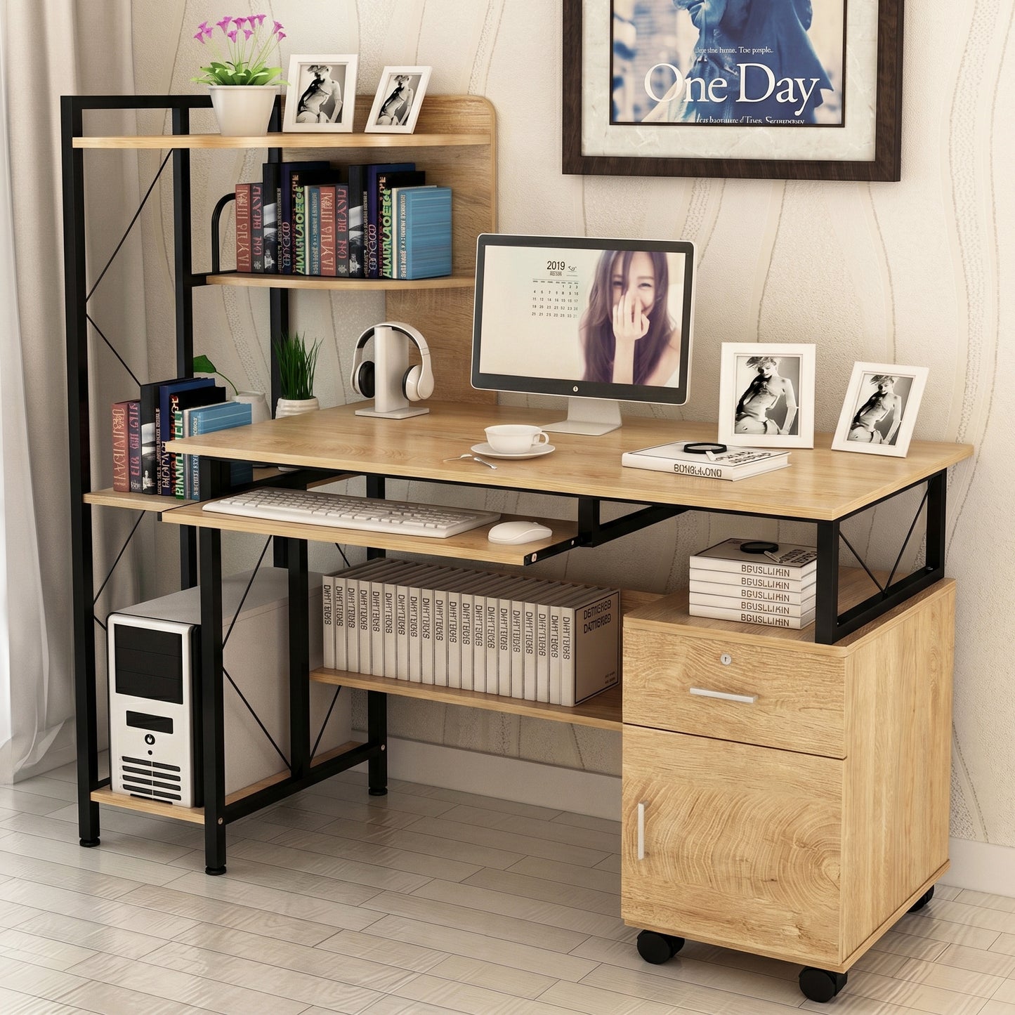Prime Multi-function Computer Desk Workstation with Shelves & Cabinet (Coastal Oak)