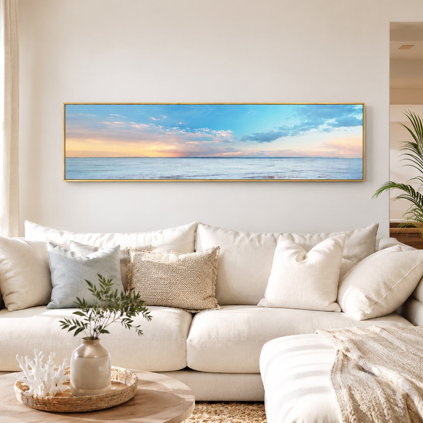 Beach Painting Framed Long Canvas Wall Art - 100cm x 30cm