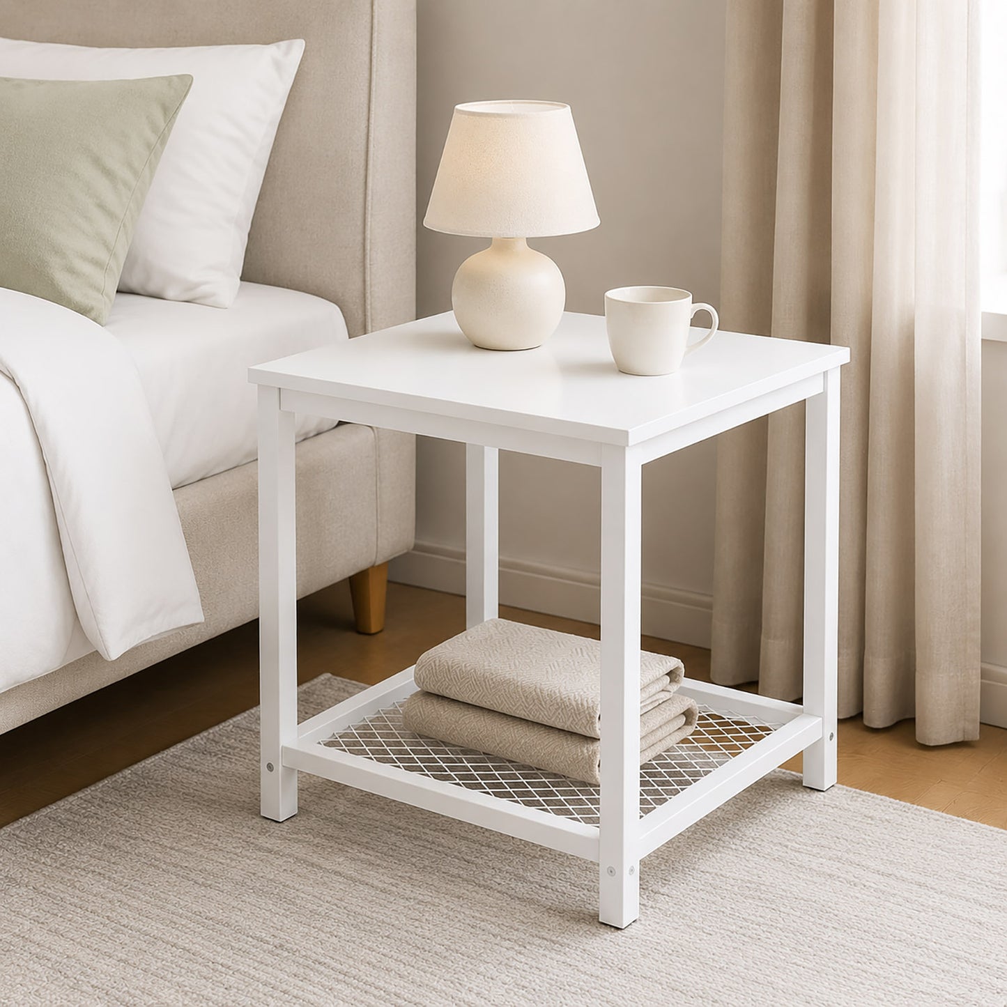 Loft White Industrial Wood & Steel Side Table with Storage Shelf