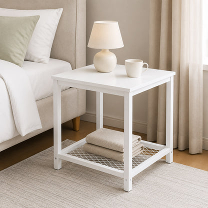 Loft White Industrial Wood & Steel Side Table with Storage Shelf