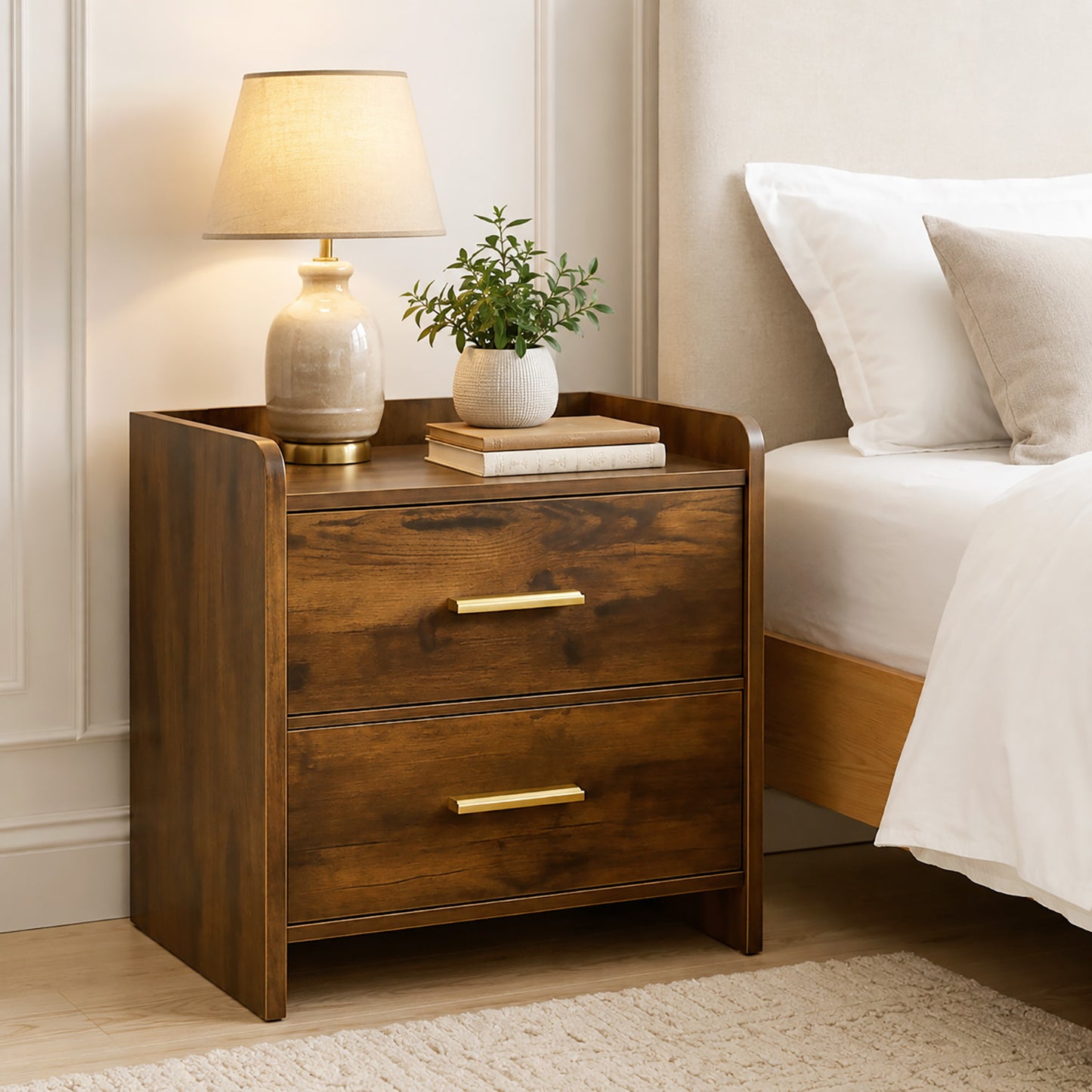 Serene 2-Drawer Bedside Table Nightstand (Rustic Wood)