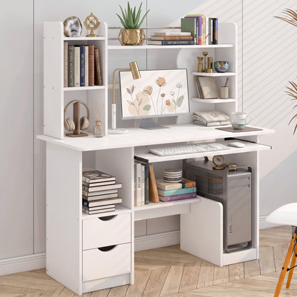 Expert Computer Desk Workstation with Shelf & Cabinet (White)