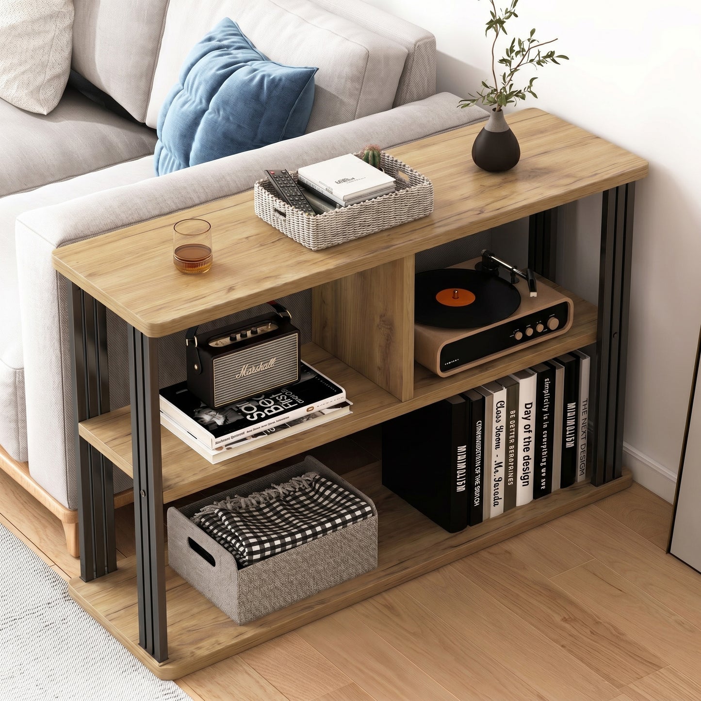 Icon Wood and Steel Sofa Side Table with Shelves (Rustic Oak)