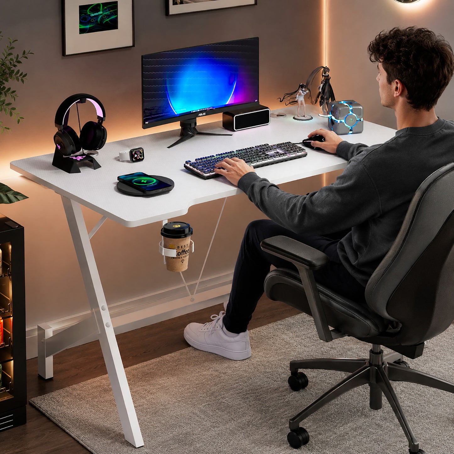 Ergonomic Gaming Desk Computer Table White 110cm