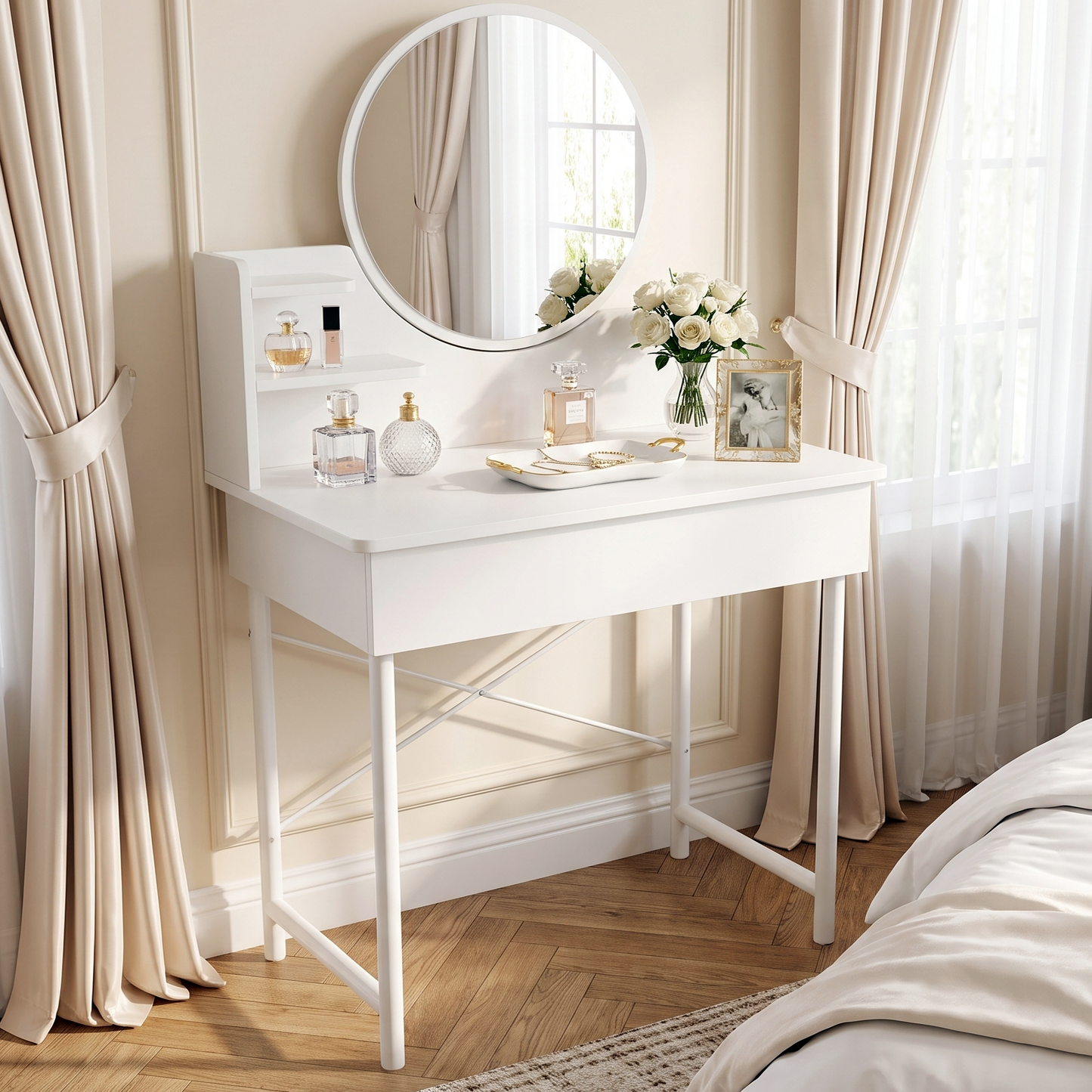 Luxe LED White Makeup Vanity Dressing Table Mirror Storage Shelves