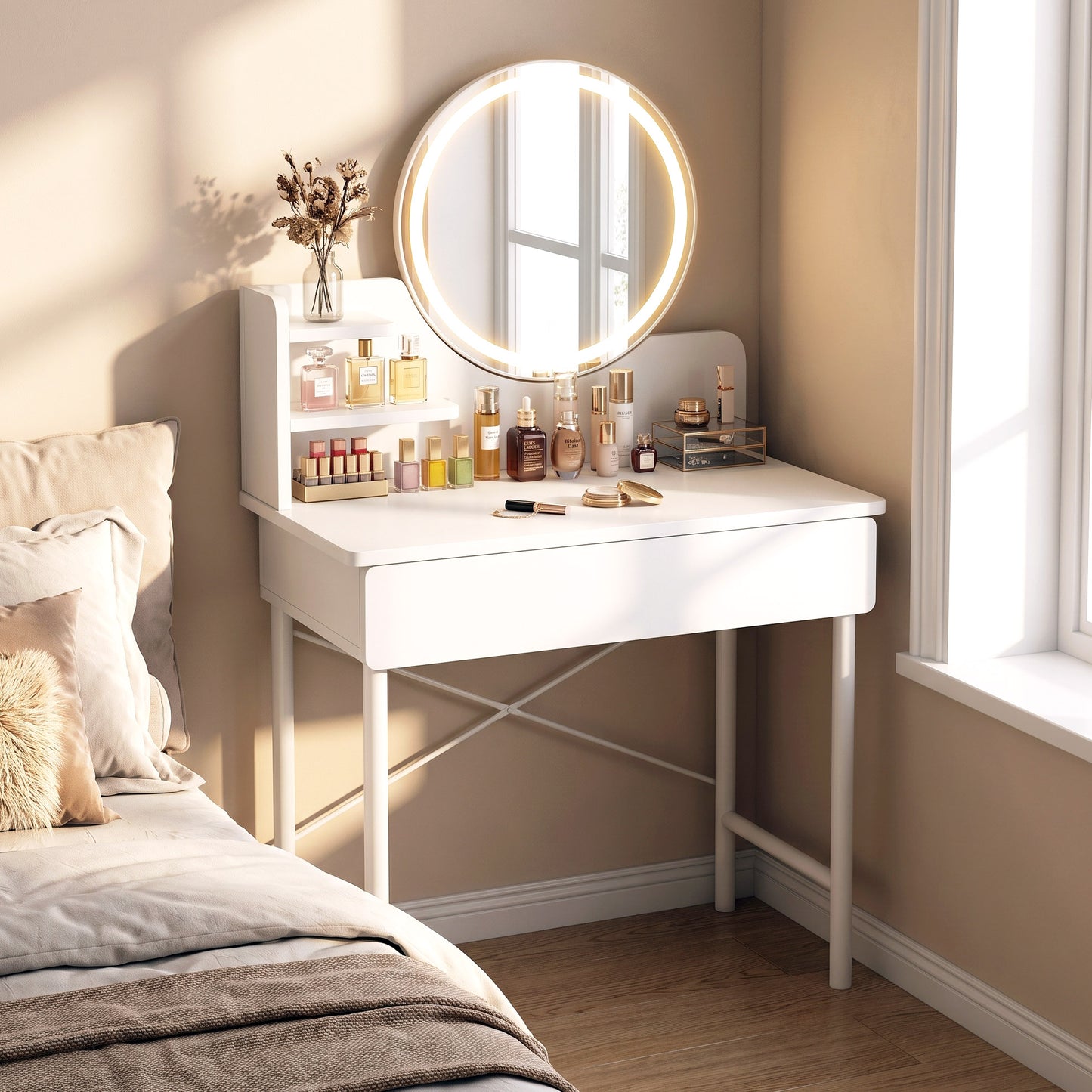 Luxe LED White Makeup Vanity Dressing Table Mirror Storage Shelves