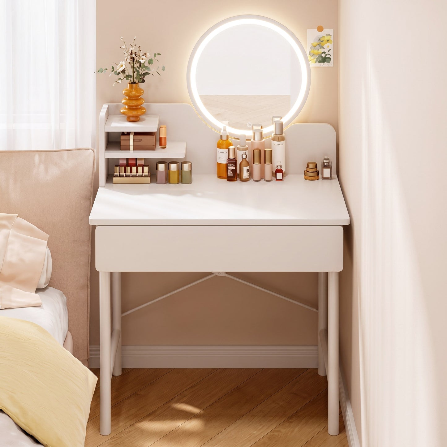 Luxe LED White Makeup Vanity Dressing Table Mirror Storage Shelves