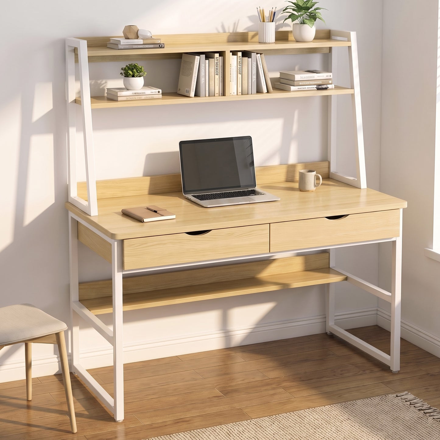Enterprise Large Computer Desk Workstation with Shelves & Drawers (Natural Oak)