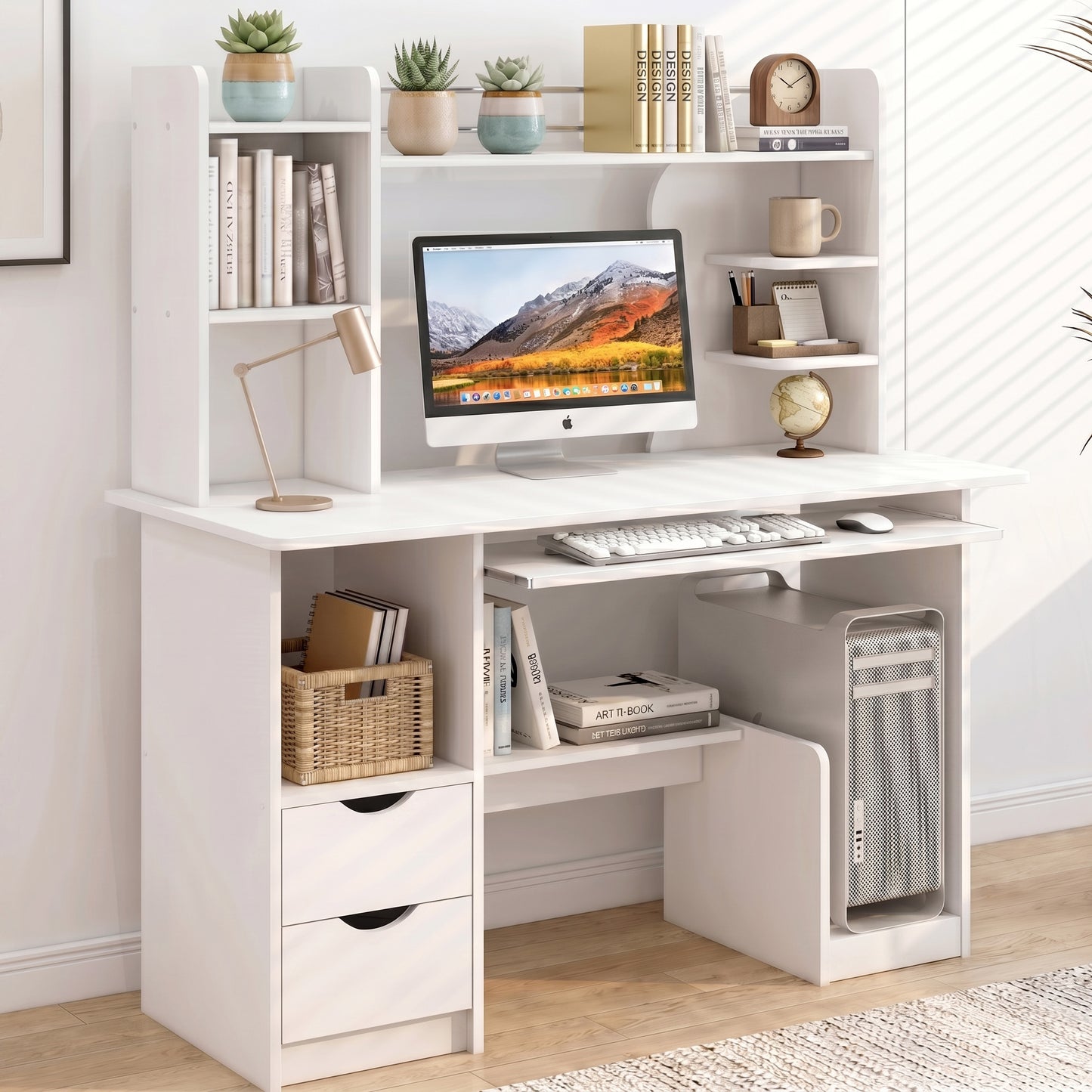 Expert Computer Desk Workstation with Shelf & Cabinet (White)