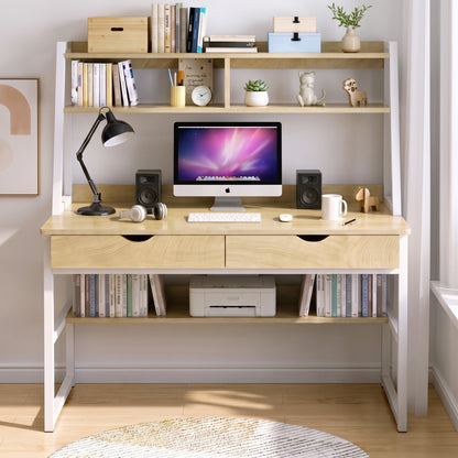 Enterprise Large Computer Desk Workstation with Shelves & Drawers (Natural Oak)