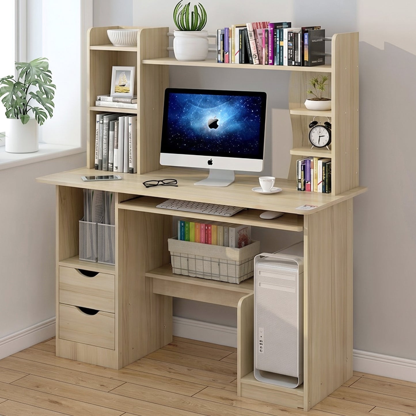 Expert Computer Desk Workstation with Shelf & Cabinet  (White Oak)