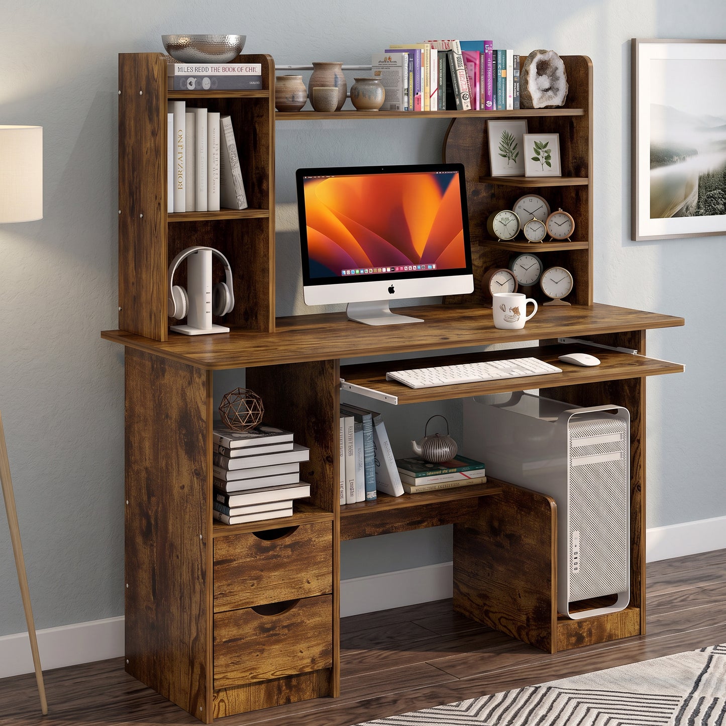 Expert Computer Desk Workstation with Shelf & Cabinet (Rustic Wood)