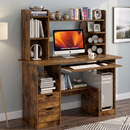 Expert Computer Desk Workstation with Shelf & Cabinet (Rustic Wood)
