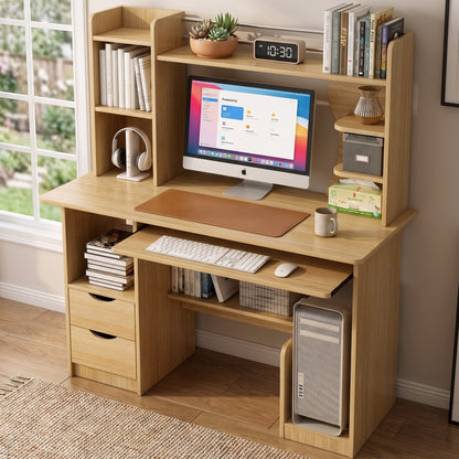 Expert Computer Desk Workstation with Shelf & Cabinet (Oak)