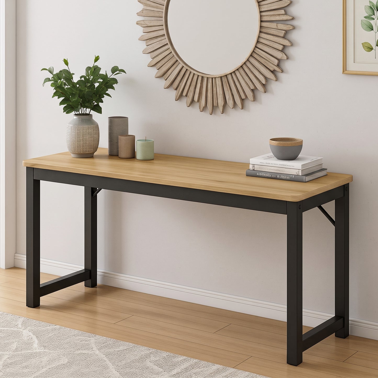 Profile Console Table Wood & Metal Narrow Desk (Rustic Oak)