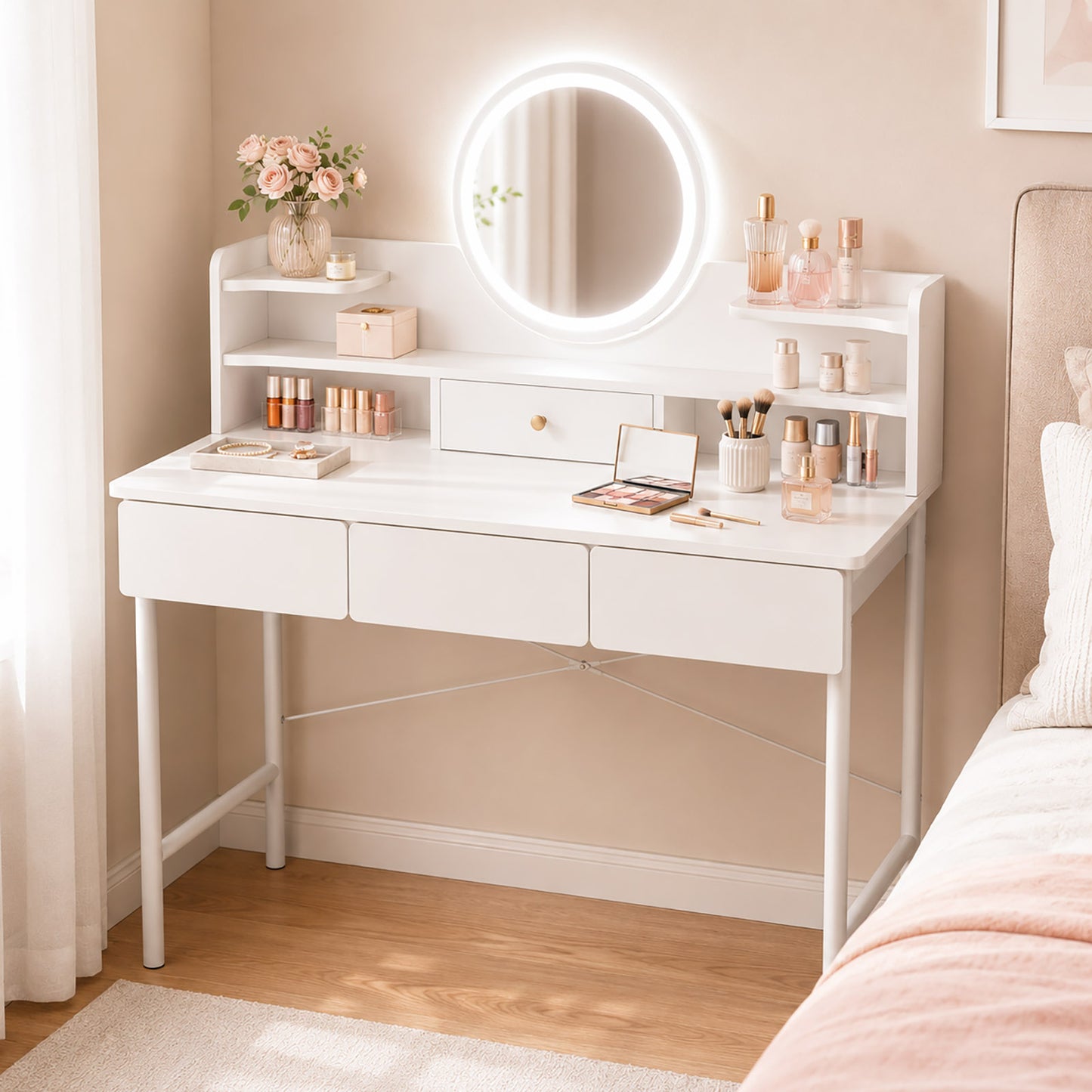 Luxe LED Large White Makeup Vanity Dressing Table Mirror Drawers Shelves