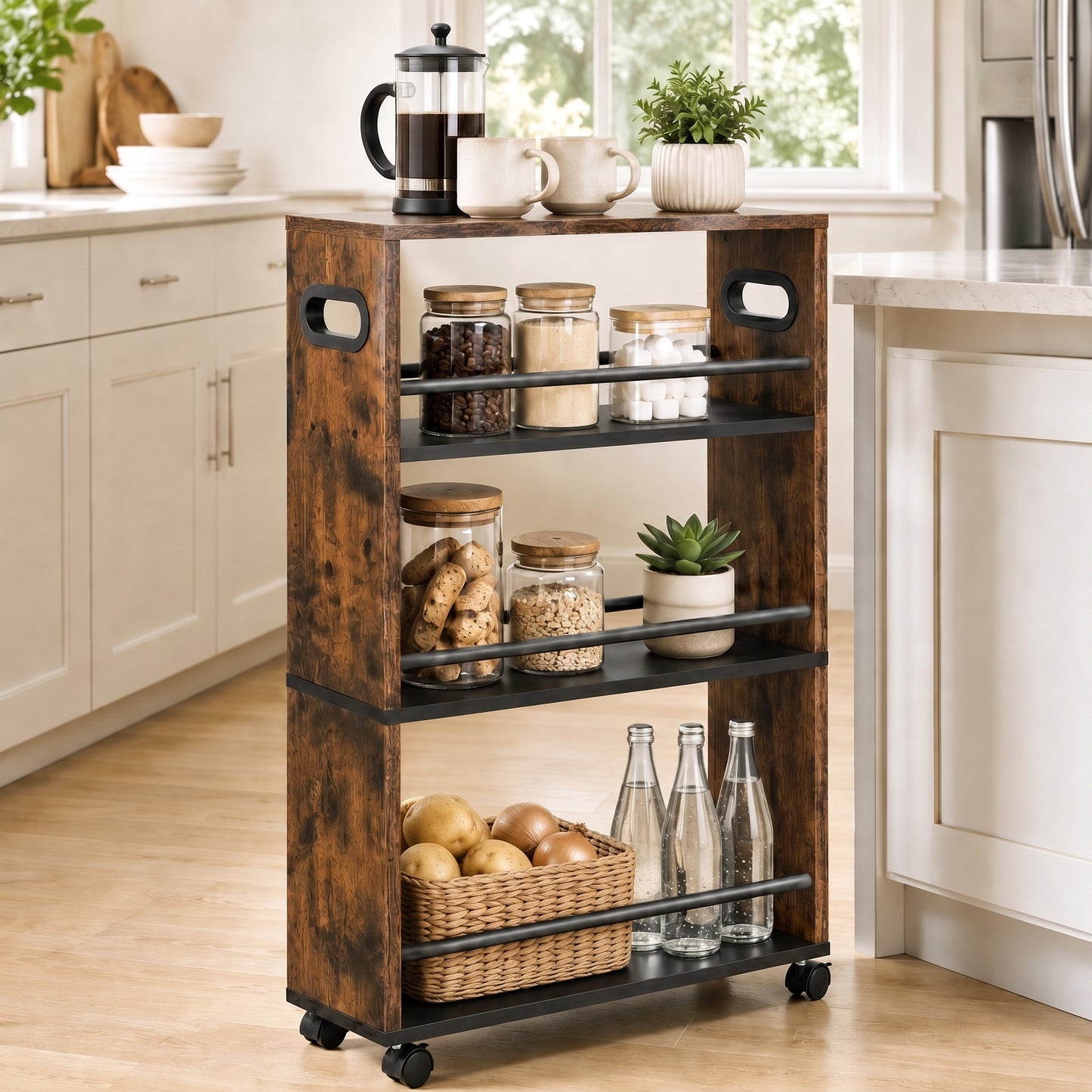 3-Tier Rustic Wood Rolling Storage Utility Cart Organizer Shelf Trolley